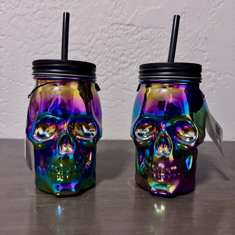 Iridescent Skull Mason Jar Cups with Straws